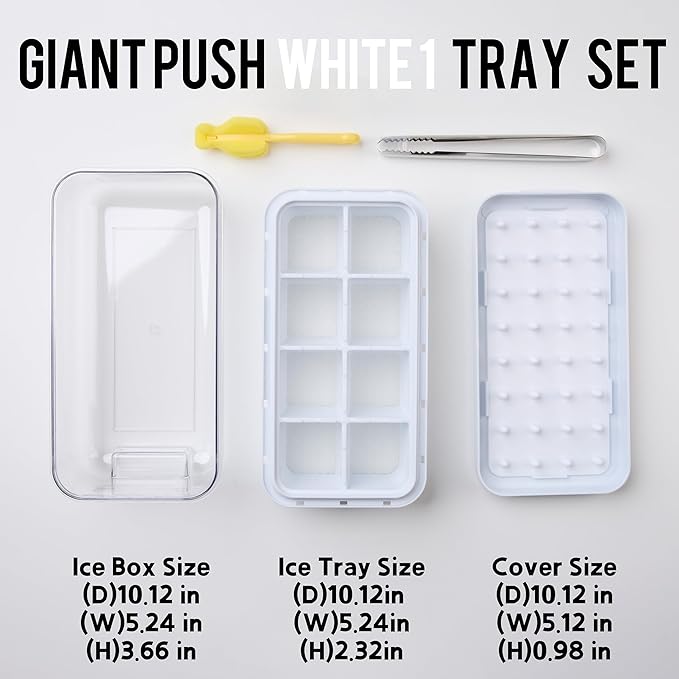 Season 3 GiantPush Silicone Large 2-Inch Ice Cube Tray with Lid, Square Whiskey Ice Mold for Cocktails & Highball, Slow-Melting Ice Maker, Easy Release, BPA Free (WHITE, 1-Tier Set)