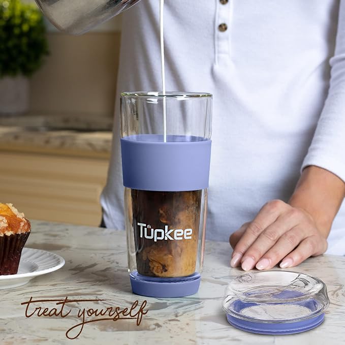 Double Wall All Glass Tumbler - 14-Ounce, Reusable Insulated Tea/Coffee Mug & Lid, Hand Blown Glass Travel Mug - Jacaranda - 2 Pack