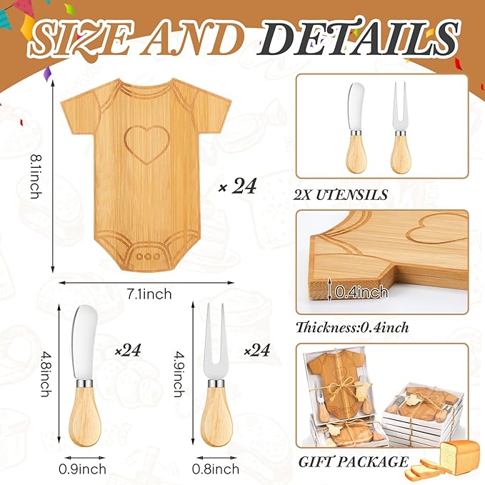 Ziliny 24 Set Baby Shower Gifts for Guest Prizes Clothing Shaped Mini Charcuterie Board Small Cheese Cutting Board Set with Knives Forks Baby Shower Party Favor Thank You Return Gifts (Bamboo Color)