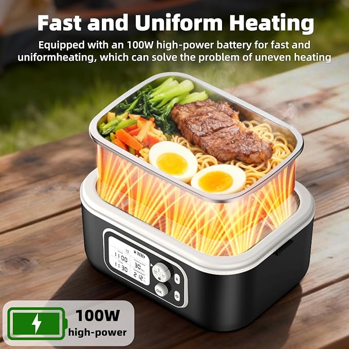 Cordless Electric Heated Lunch Box for Adults, XL 6.3-Cups Rechargeable Battery Powered Smart Self Heating Lunchbox for Men Women, 100W Food Warmer for Trucks Driver Travel Office Worker
