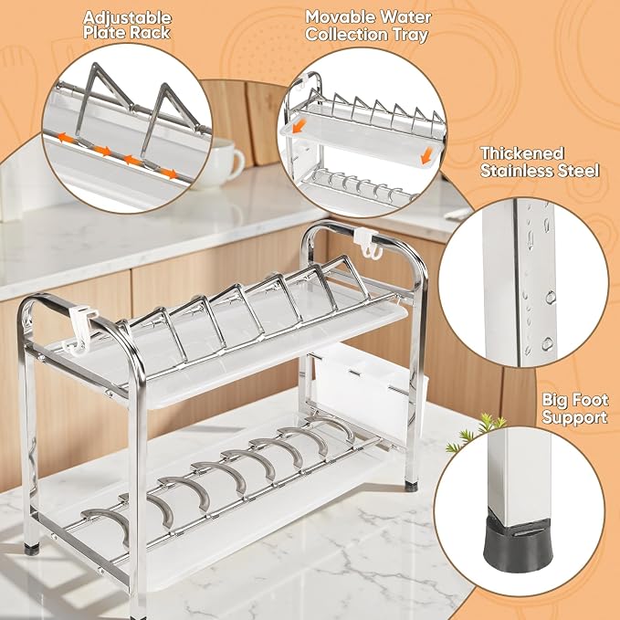 Dish Drying Racks,2 Titers Stainless Steel Dish Racks for Narrow Kitchen Counter,Dishwashing Rack with Adjustable Bowl and Plate Clips for Small RVs,17.9''D x 7.24''W x 14.96''H