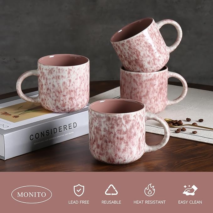 MONITO 12 OZ Coffee Mugs Set of 4, Ceramic Coffee Mugs,Modern Coffee Mugs Set with handle for Tea/Latte/Cappuccino/Milk/Cocoa. (Red, 4 Count（Pack of 1）)