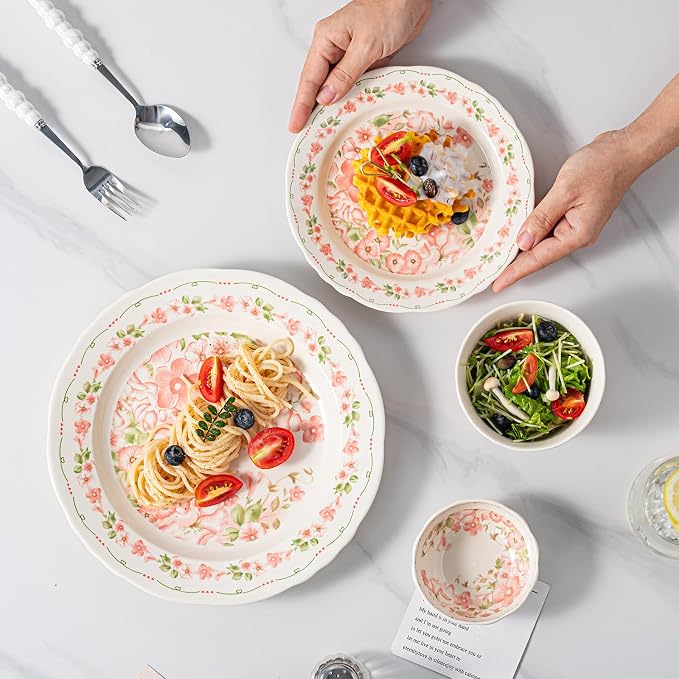 16-Piece Dinnerware Set for 4, Ceramic Plates and Bowls Sets, Microwave & Dishwasher Safe Dish Sets for Daily Use & Gifting, with Morning Bloom Floral Vine Pattern