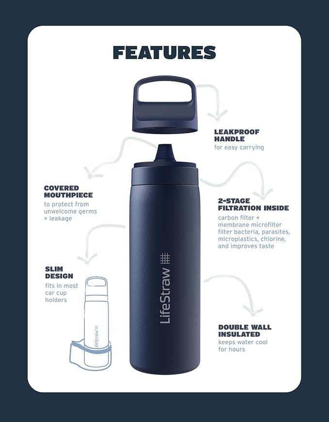 LifeStraw Go Series — Insulated Stainless Steel Water Filter Bottle, 18oz, Kyoto Orange, Removes Bacteria, Parasites, Microplastics, Improves Taste