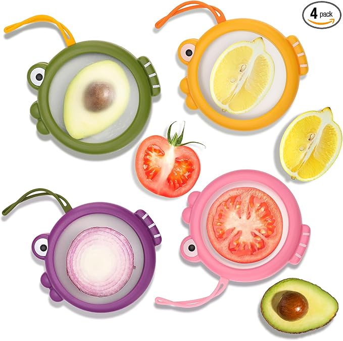 Set of 4 Fish-Shaped Fresh Food Containers, Fresh Pod, Reusable Silicone Storage Pods for Avocado, Onions, Lemon, Tomatoes, Garlic – Anti-Oxidation for Fridge, Send Goods from Local Warehouse
