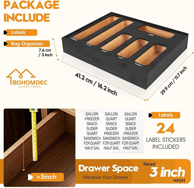 6 in 1 Bamboo Ziploc Bag Storage Organizer, Black Baggie Organizer for Drawer with Sliding Lid - Fits Gallon, Quart, Sandwich, Snack & Freezer Bags, Wall Mountable Kitchen Drawer Organization