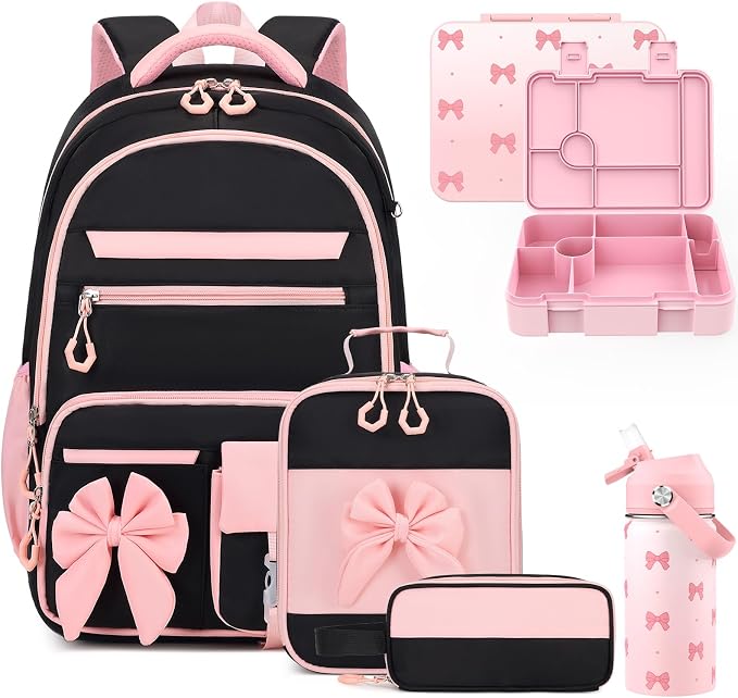 DIGOBAY 5PCS Girls Backpack - Includes 14oz Insulated Water Bottle & Bento Box for kids, Girls School Backpack Set with Lunch Bag & Pencil Case, Girls Teens for Elementary Preschool Middle School