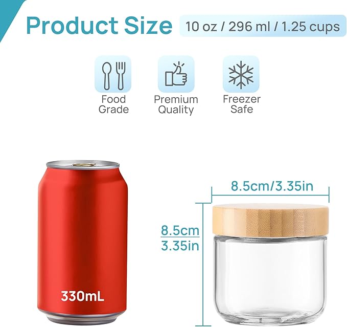 Vtopmart 4 Pack 10oz Glass Overnight Oats Containers with Bamboo Lids, Portable Wide Mouth Glass Jars Leak Proof, Reusable Food Storage Containers for Meal Prep, Jam, Sauce, Salad Dressing, and Snacks
