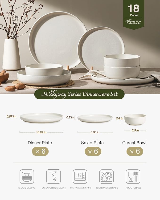 Famiware Milkyway Plates and Bowls Sets, 18 Pieces Dinnerware Sets, Reactive Glaze Dish Set, Stoneware Dishes Set for 6, Matte Beige White