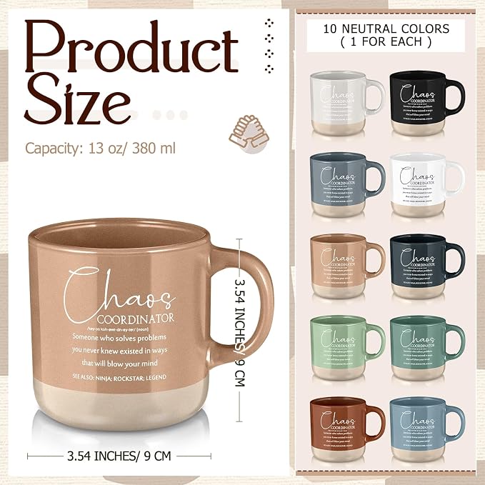 Didaey 10 Pcs Chaos Coordinator Gift Bulk Inspirational Ceramic Coffee Mugs 13 oz Thank You Mugs Back to School Office Funny Gifts for Women Men Teacher Boss Manager Employee Coworker, 10 Colors
