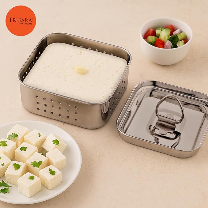 Trisara Stainless Steel Square Paneer Maker/Mould with Lid | 12.5x12.5 cm |Size 3|Curd/Cheese/Tofu Maker | Strainer for Paneer/Tofu | Homemade Paneer Press/Machine