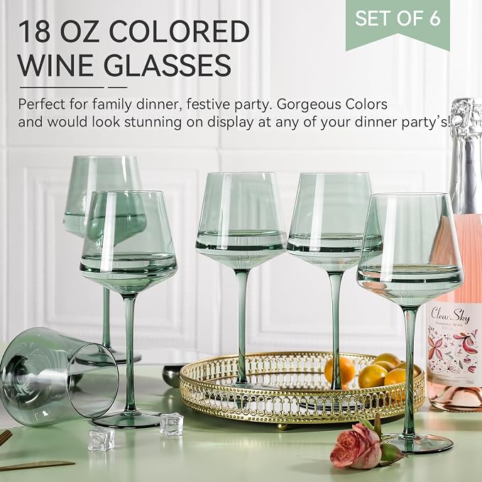 Green Wine Glasses Set of 6,18oz green Wine Glassware Gift Set for Wife & Mom-Colorful Hand Blown Glass Drinkware for Red White Wine