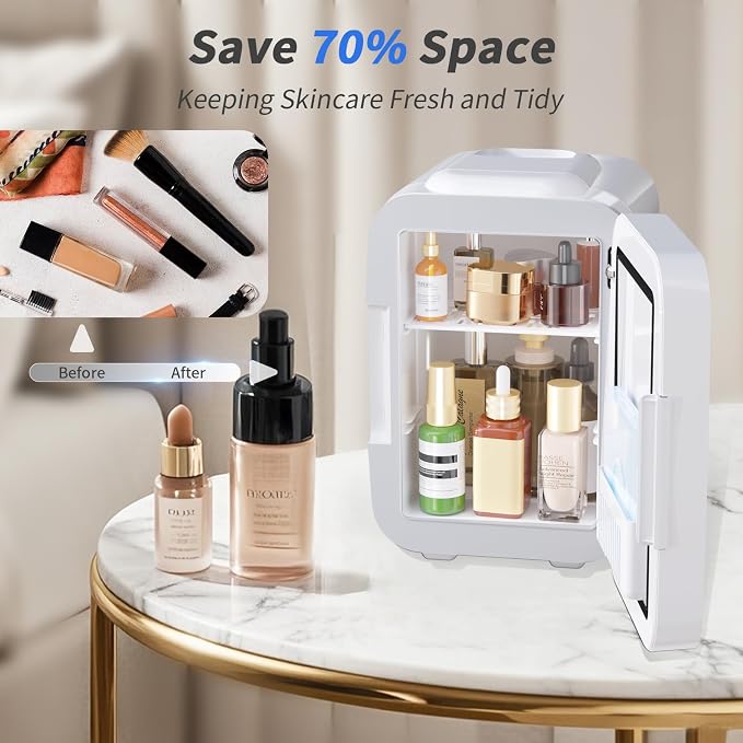 OSTBA Skincare Fridge Mini Fridge for Bedroom with Dimmable LED Mirror, 4Liter/6 Cans Cooler and Warmer for Makeup, Cosmetic, Beauty, Portable Refrigerator for Bedroom, Vanity, Office and Car