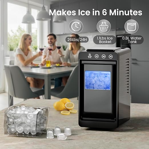Kismile Portable Countertop Ice Maker Machine, 26lbs Ice in 24Hrs, Self-Cleaning Ice Maker with Selectable Ice Size & Internal Light, Compact Design for Home/Kitchen/RV