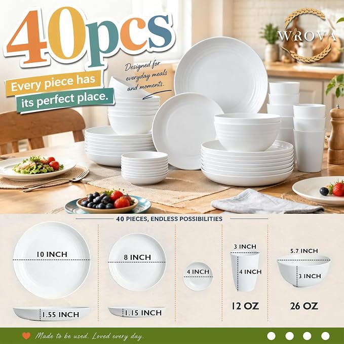 Wrova 40PCS Modern Plates and Bowls Sets Service for 8, Unbreakable Wheat Straw Dinnerware Sets Microwave Safe, Reusable Deep Dinner Plates/Cereal Bowls/Sauce Dishes/Cup Sets for Kitchen,Party- White