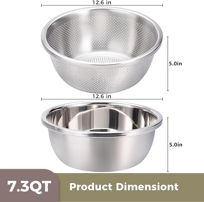 Colander and Bowl Set 7.3QT (2-in-1) - Thickened 304 Stainless Steel Kitchen Strainer Bowl for Fruit, Pasta, Vegetables, Rice - Heavy Duty, Induction Cooker & Dishwasher Safe