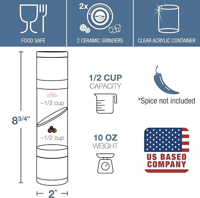 Eparé Gold Salt or Pepper Grinder & 2 in 1 Salt & Pepper Grinder - Battery Operated Brass Ceramic Burr Peppermill & Space Saver Dual Mill Grinders
