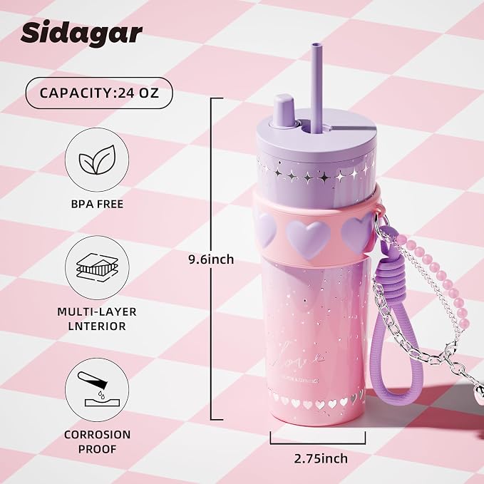 24 oz Stainless Steel Tumbler with Lid and Straw, Insulated Coffee Mug, Leak Proof, Portable Iced Travel Water Bottle, Reusable Thermal Coffee Cup Gift for Women, Purple