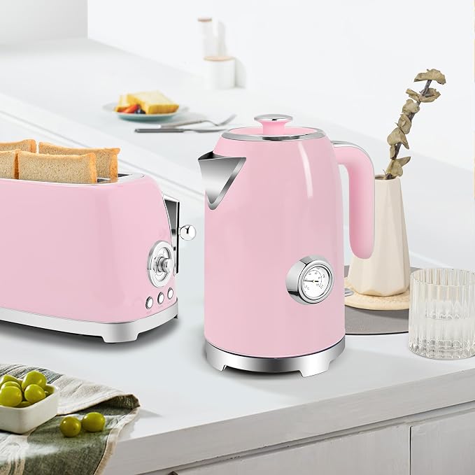 SUSTEAS Electric Kettle - 57oz Hot Tea Water Boiler with Thermometer, 1500W Fast Heating Stainless Steel Pot, Cordless LED Indicator, Auto Shut-Off & Boil Dry Protection, Pink