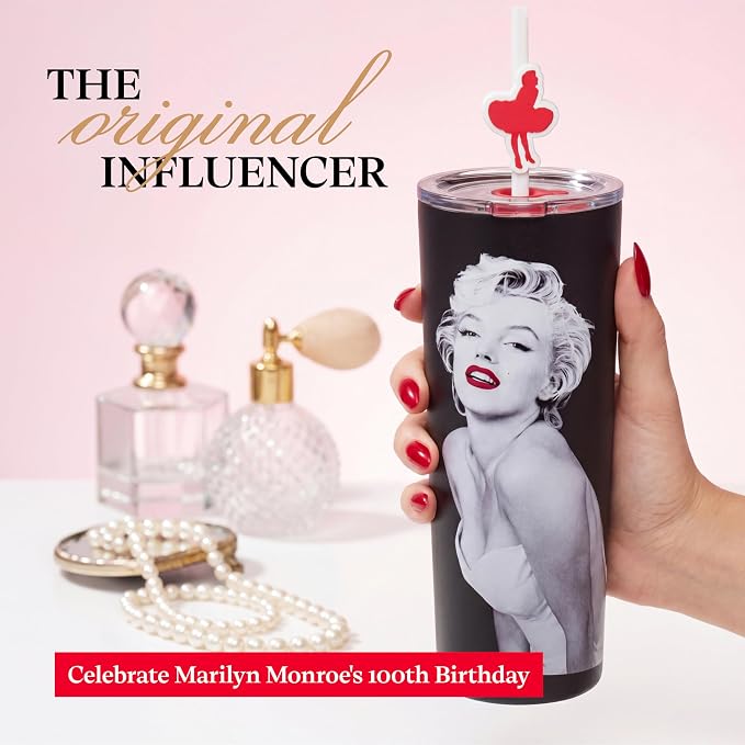 Dragon Glassware x Marilyn Monroe 100th Celebration Tumbler, 24 oz - MM100 | Vacuum Insulated Stainless Steel Tumbler with Straw & Lid; Double Walled Tumbler with Straw Charm; Marilyn Monroe Cup