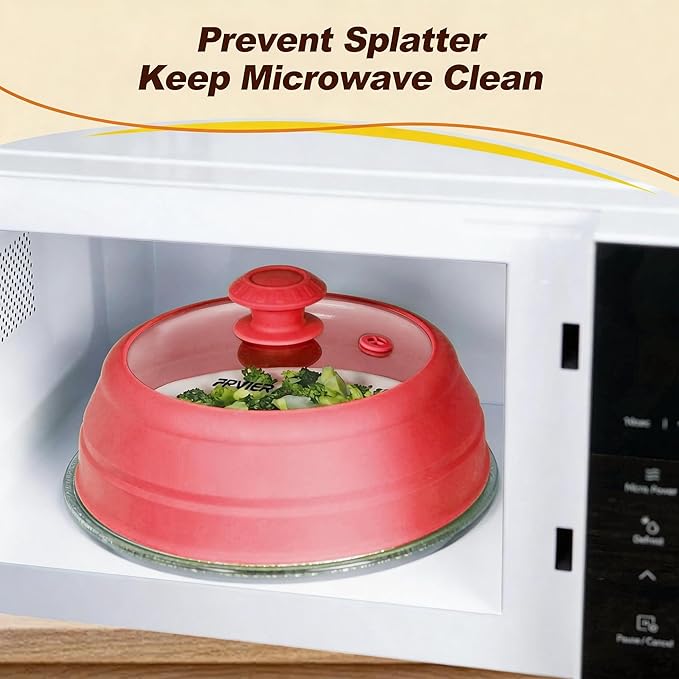 Microwave Splatter Cover - 9.8" Glass Lid with Collapsible Silicone Rim, Universal Pot & Plate Cover for Mess-Free Heating (Red, 9.8inch)