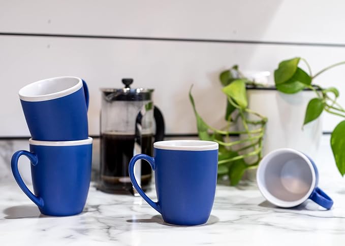 Elanze Designs Solid Color Blue White Interior 16 ounce Matte Ceramic Mugs Matching Set of 4