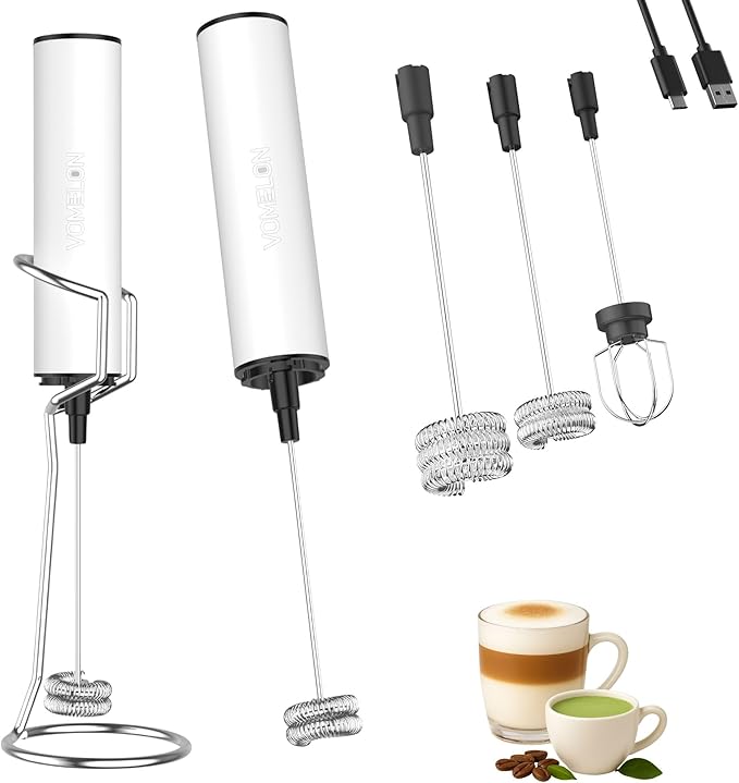 Rechargeable Milk Frother with Stand, Electric Whisks Foam Maker, POWERFUL USB C 2 Speed Handheld Drink Mixer for Coffee, Latte, Cappuccino, Matcha Drinks,White