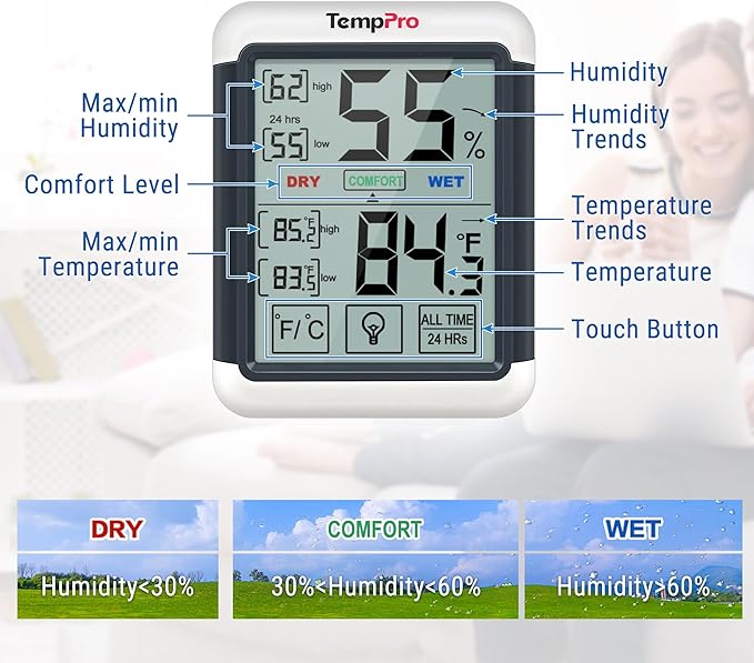 TempPro TP55 Digital Indoor Hygrometer Thermometer, 4-Inch Temperature/Humidity Monitor with Touchscreen and Backlit, Room Thermometer/Humidity Meter for House Home Greenhouse (Previously ThermoPro)