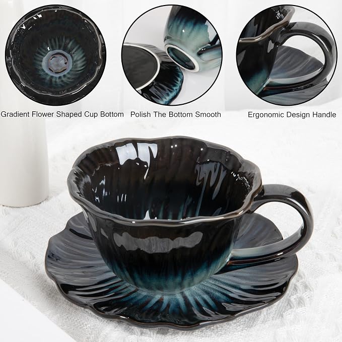 Cappuccino Cup with Saucer Set,Ceramic Latte Cup,Espresso Coffee Tea Mug for Home Kitchen Office Coffee Bar (Blue)