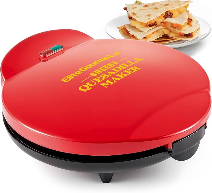 Elite Gourmet 10.65" Cheesy Quesadilla Maker, 2-Position Locking Latch For Extra Stuffing, Easy-Slice 6-Wedge, Red