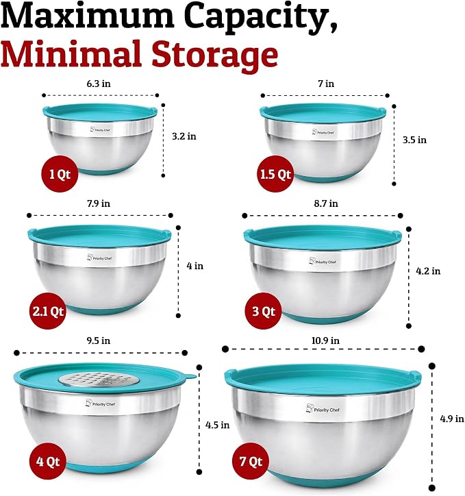 Priority Chef Stainless Steel Mixing Bowls with Lids Set - Premium 30Pcs with 6pc Metal Bowl Set for Kitchen, 3 Graters, Airtight Lids, Non-Slip Bases & Silicone Utensils, Turquoise