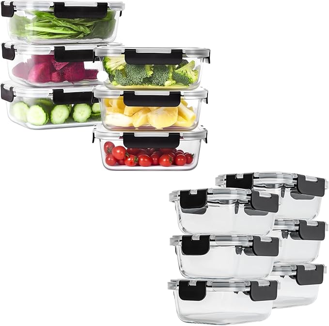 36 OZ Glass Food Storage Containers with Lids Set of 6, Meal Prep Containers for Lunch, 22 OZ Airtight Glass Lunch Containers Set of 6, Microwave, Oven, Freezer & Dishwasher Safe, BPA-Free