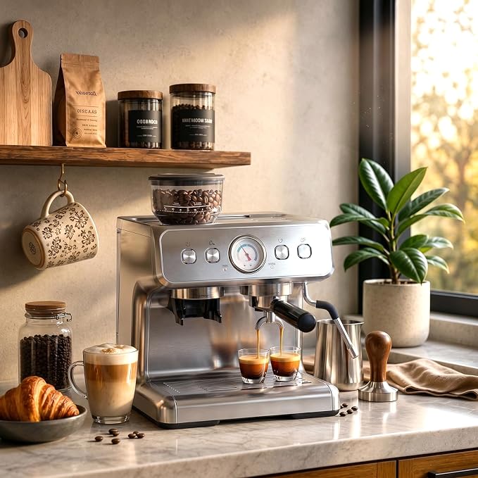Espresso Machine with Grinder, 20 Bar Espresso Maker with Milk Frother, PID Temperature Control, 30 Grind Settings, Removable Water Tank, Stainless Steel Coffee Machine for Cappuccino, Latte