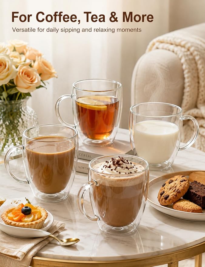 Set of 4 Double Walled Glass Coffee Mugs with Handles, 12oz Clear Coffee Mugs for Hot/Cold Beverages, Insulated Borosilicate Glass Cups for Cappuccino, Espresso, Latte, Tea, Milk, Microwave Safe