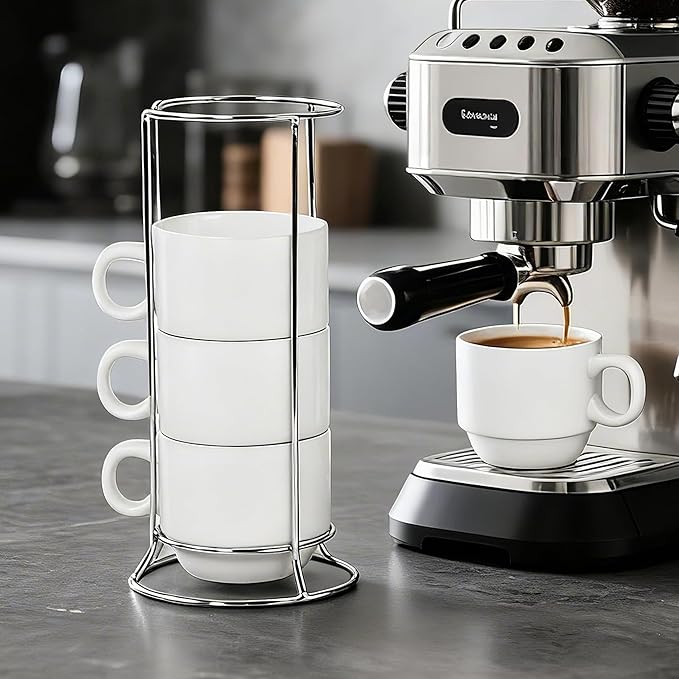 6oz Sublimation Coffee Mugs Set of 4, Blank Stackable Coffee Mugs with Rack Porcelain Stackable Cappuccino Cups with Metal Stand for Coffee, Tea, Cocoa, Milk (4 Set of 16 Pcs Mugs)