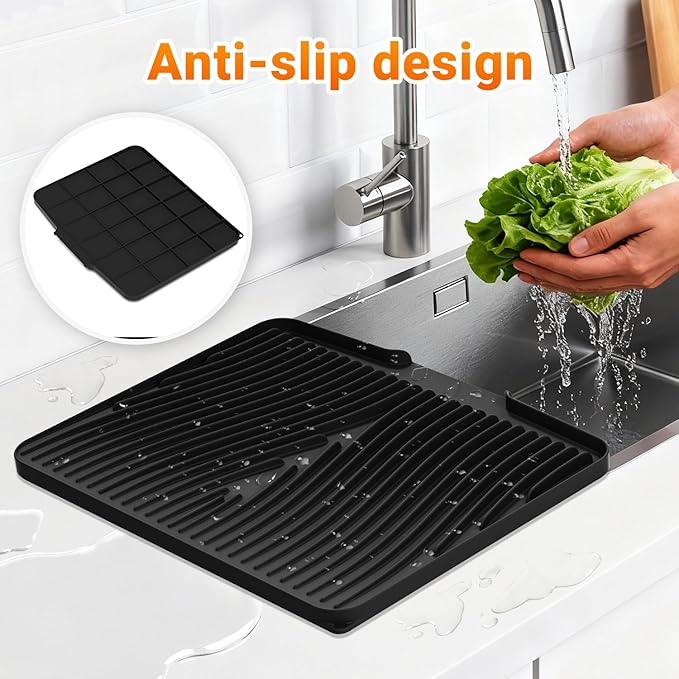 Silicone Dish Drying Mat for Kitchen Counter, Dish Drying Pad, Non-Slip Drain Pad with Built-in Drain, Heat Resistant Stone Drying Mat