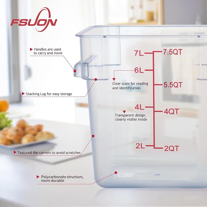 4 Pack 8 Qt Square Polycarbonate Food Storage Containers with Lids | Clear BPA-free PC with lids, side handles, measurement scale and stackable design; for food prep, storage and freezer use.
