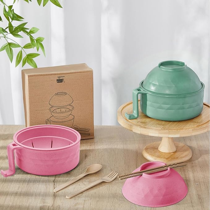 2 Sets Microwave Ramen Bowl 40 oz Wheat Fiber Portable Instant Noodle Cooker Bowl with Handles Strainer Spoon Chopstick Fork College Dorm Room Apartment Essentials(Pink, Light Green)