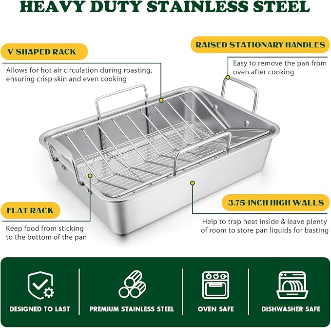 E-far Roasting Pan, 16 x 11.5 Inch Stainless Steel Turkey Roaster with V-shaped & Flat Rack, Non-toxic & Heavy Duty Deep Broiling Pan, Dishwasher Safe - Large