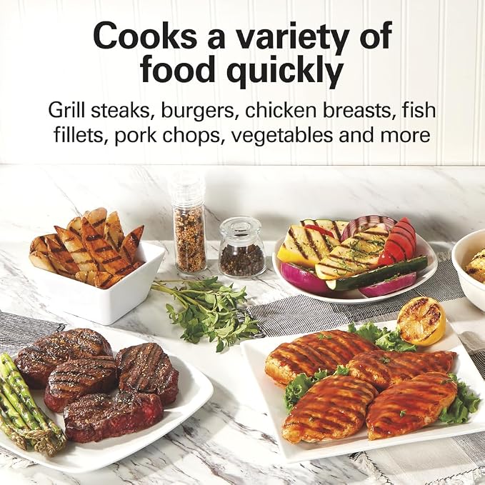 Hamilton Beach Electric Indoor Grill, 6-Serving, Large 90 sq. in. Nonstick Easy Clean Plates, Floating Hinge for Thicker Foods, 1200 Watts, 6.38"D x 12.68"W x 13.78"H, Silver (25371), (Pack of 2)