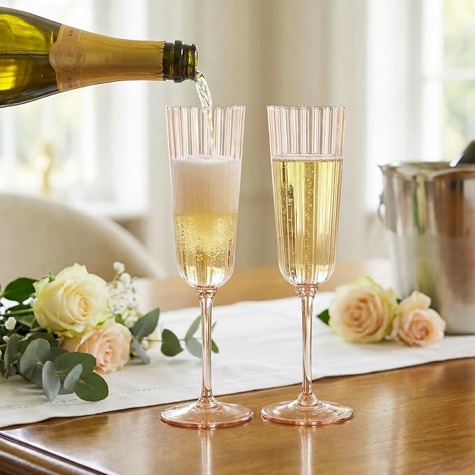 Jingmore 24 Pcs Plastic Ribbed Champagne Flutes With Stem, 6.4 oz Clear Vintage Disposable Vintage Glasses for Wedding Birthday Anniversary (Champagne Power)