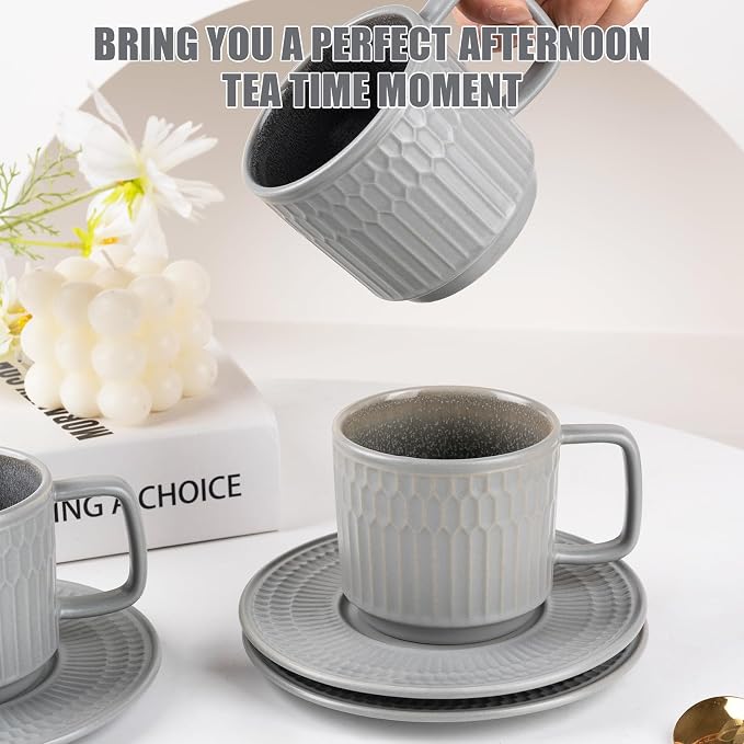 8oz Cappuccino Cups with Saucers Set of 4, 8 Ounce Stackable Embossed Ceramic Coffee Mugs for Specialty Coffee Drinks, Latte Mugs, Cafe Mocha and Tea, Dishwasher & Microwave Safe (Grey)