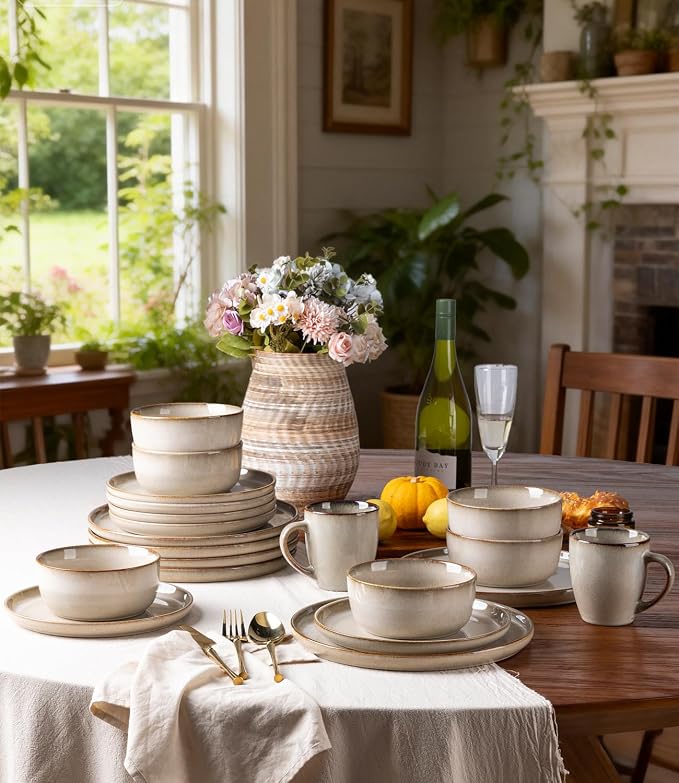GBHOME Dinnerware Sets for 4, 12 Pieces Stoneware Plates and Bowls Sets, Scratch Resistant Ceramic Dishes, Dishwasher & Microwave Safe, Reactive Glaze-Almond Cream
