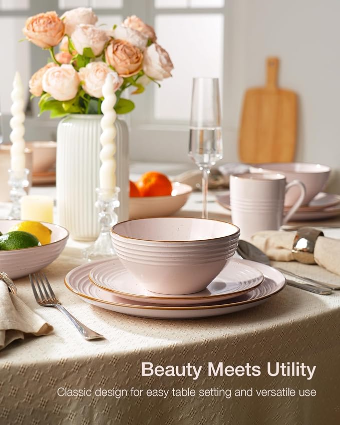 Famiware Jupiter 16-Piece Stoneware Dinnerware Set for 4 - Includes Pasta Bowl & Dinner Plate, Handcrafted Dishes with Speckles & Embossed Swirls, Chip & Scratch Resistant, Daily & Formal Use, Pink