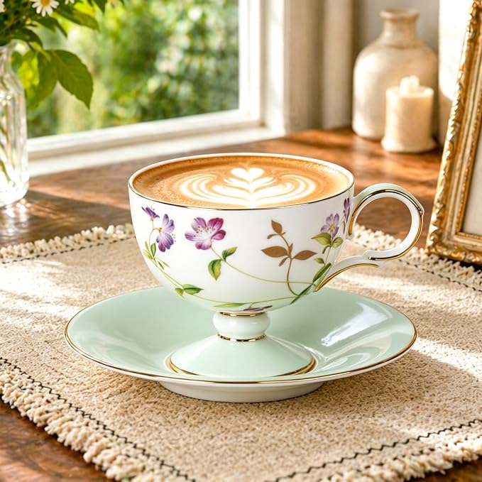 KAMMAK Ceramic Coffee Cups Saucers Set of 2, Porcelain Espresso Cup with Saucer, 8.45 oz Handmade Elegant Bone China Tea Cups, Ceramic Floral Pattern Demitasse Cup for Latte, Americano, Cappuccino