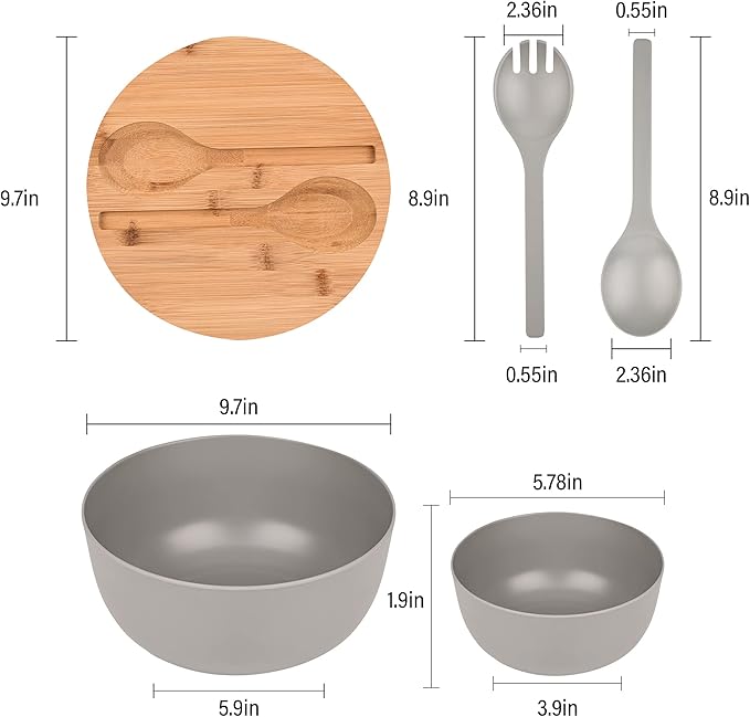 LOVYANXUE Bamboo Fiber Salad Bowl with Servers Set Large 9.8inches Nature Bamboo Mixing Bowl with Servers with Lid Spoon and Fork for Fruits,Salads and Vegetables