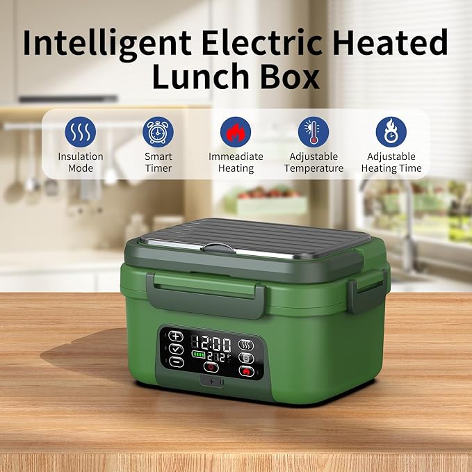 Cordless Electric Heated Lunch Box, 1.5L - 6.3 Cups 100W Rechargeable Smart Self-Heating Food Warmer with Removable Divider, Spoon, Fork, BPA Free, Portable Lunchbox for Car Travel Office Deep Green