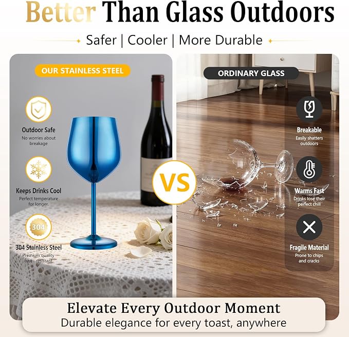 UNISWEET Stainless Steel Wine Glasses Set of 4 Unbreakable Wine Glass 18 oz Unique Metal Wine Goblets for Outdoor, Travel, Camping, Pool, Ideal Gift for Wine Lovers (Blue)