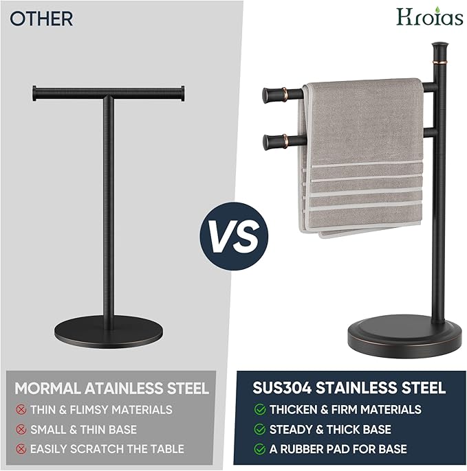 16 Inch Oil Rubbed Bronze Stand Towel Bar Free Standing Hand Towel Holder for Bathroom, 2 Swivel Arms Towel Rack Towel Ring Hardware Accessories for Kitchen Vanity Countertop Stainless Steel