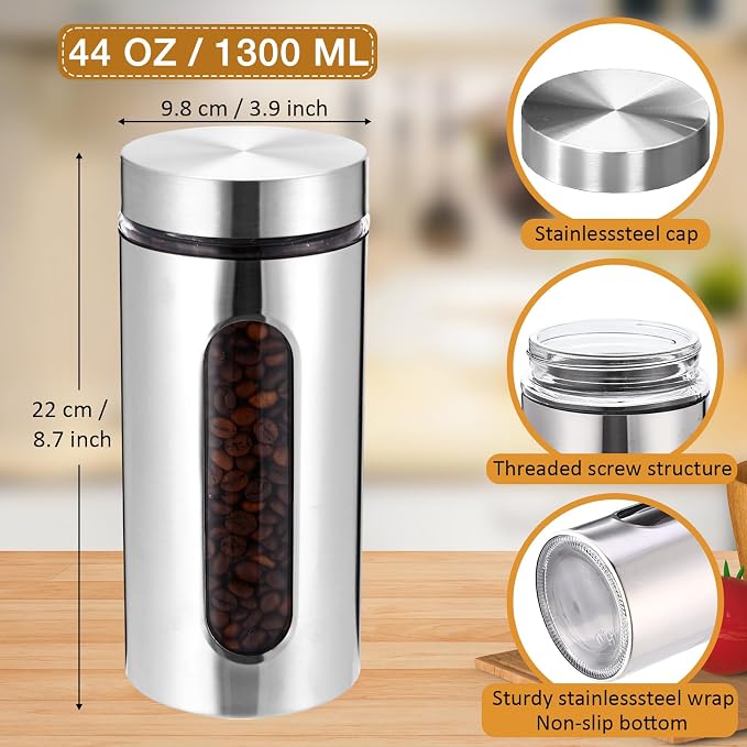 Mimorou 6 Pack Kitchen Canisters Set Airtight Coffee Sugar Tea Candy Storage Jars with Window Glass Stainless Steel Containers with Lids for Flour Cookies Spices Grains Kitchen Decorations(44 oz)